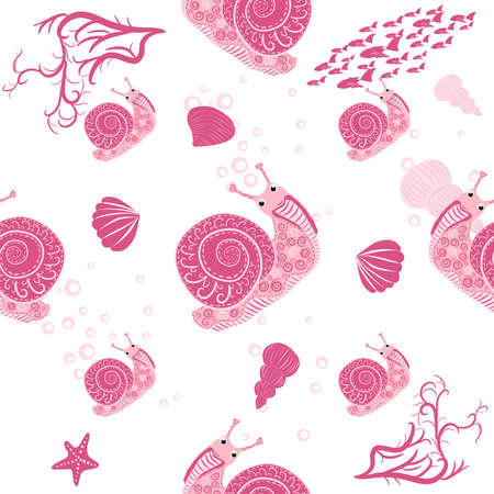 Snail pink, sea inhabitants seamless pattern, beautiful character among seashells, seaweed, starfish, sea animals of wildlife.のイラスト素材