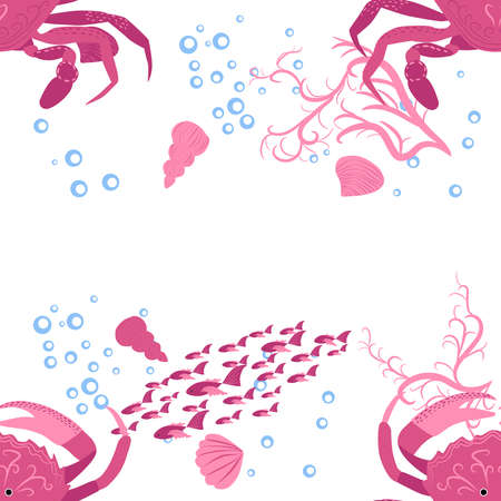 Crab marine life, fish, animals bright seamless pattern. sea travel, snorkeling with animals, tropical fishのイラスト素材