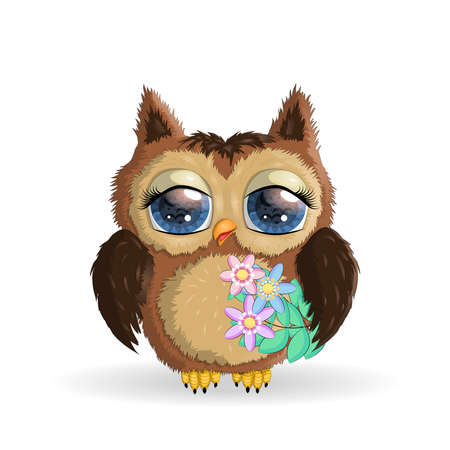 Cute Cartoon Owl with flowers and butterflies.のイラスト素材
