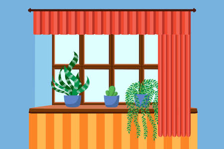 Flat style window with flowers, cat, pillows, curtains. View from the window, City and skyscraper, forest, trees, nature. Cozy home dayのイラスト素材