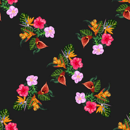Tropical pink orchid flowers, monstera, banana palm leaves seamless pattern. Jungle foliage illustration. Exotic plants. Summer beach floral design. Paradise natureのイラスト素材