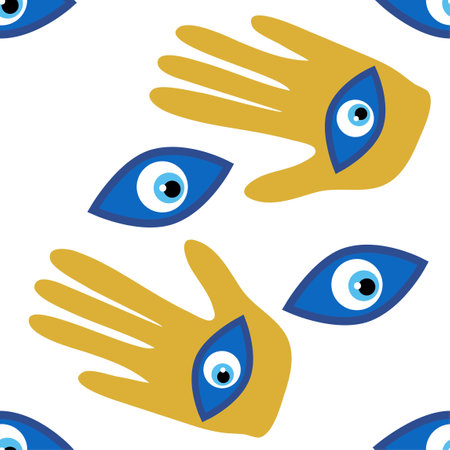 Hamsa eye, magical eye seamless pattern. Magic, witchcraft, occult symbol. Blue white golden eyes. Fabric textile wallpaperのイラスト素材