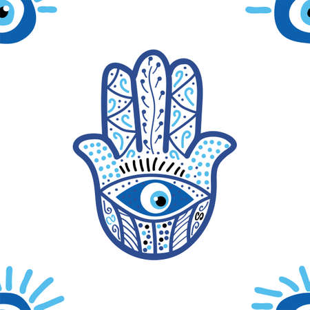 Hamsa eye, magical eye seamless pattern. Magic, witchcraft, occult symbol. Blue white golden eyes....