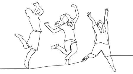 continuous line drawing of jumping happy team membersのイラスト素材