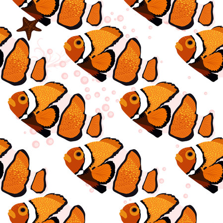 Amphiprion, sea inhabitants seamless pattern, beautiful character among seashells, algae, starfish, marine wildlife. Orange bright sea dweller clown fish surroundedのイラスト素材
