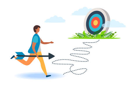 A man with an arrow is running towards his goal along a winding road, motivation is advancing, the path to achieving the goal is high, through clouds or stairs, steps of achievement, stepsのイラスト素材