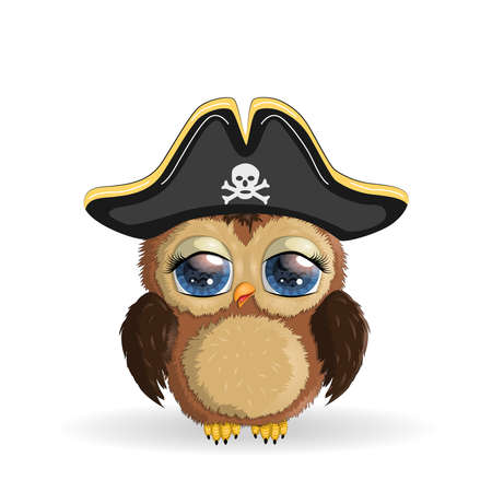 Owl pirate, cartoon character of the game, a bird in a bandana and a cocked hat with a skull, with an eye patch. Character with bright eyesのイラスト素材