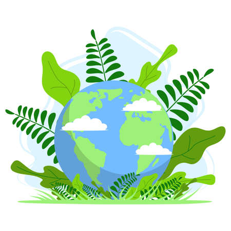 Ecology theme Happy Earth Day flyer template. Bright fresh green leaves concept. Poster, card, label, banner design.のイラスト素材
