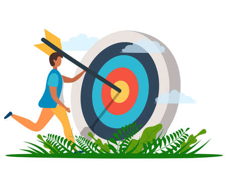 A man with an arrow is running towards his goal along a winding road, motivation is advancing, the path to achieving the goal is high, through clouds or stairs, steps of achievement, stepsのイラスト素材