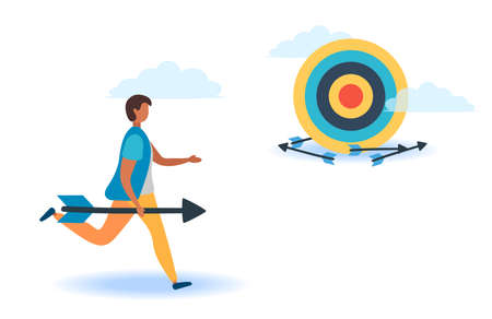 A man with an arrow is running towards his goal along a winding road, motivation is advancing, the path to achieving the goal is high, through clouds or stairs, steps of achievement, stepsのイラスト素材