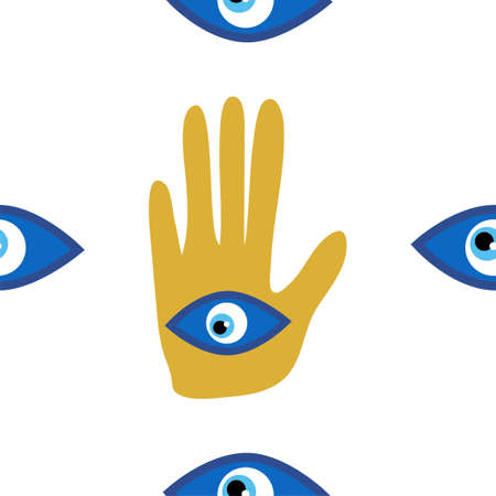 Hamsa eye, magical eye seamless pattern. Magic, witchcraft, occult symbol. Blue white golden eyes. Fabric textile wallpaperのイラスト素材