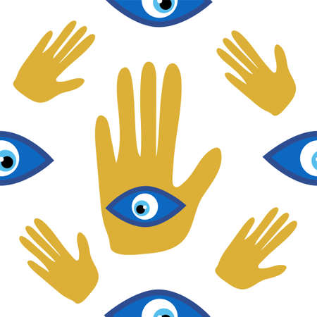 Hamsa eye, magical eye seamless pattern. Magic, witchcraft, occult symbol. Blue white golden eyes. Fabric textile wallpaperのイラスト素材
