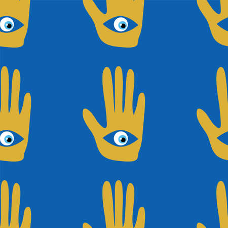 Hamsa eye, magical eye seamless pattern. Magic, witchcraft, occult symbol. Blue white golden eyes. Fabric textile wallpaperのイラスト素材