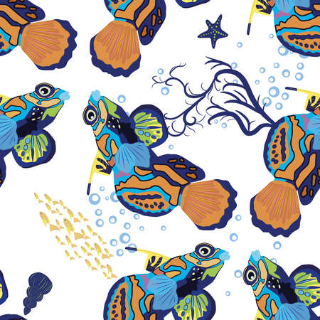 Mandarin fish seamless patterns. beautiful character among seashells, seaweed, starfish, sea animal wildlife character. Nature underwater, marine wild ocean zoo fishのイラスト素材