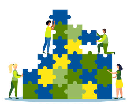 Business concept. Team metaphor. people connecting puzzle elements. illustration flat design style. Symbol of teamwork, cooperation, partnership.のイラスト素材