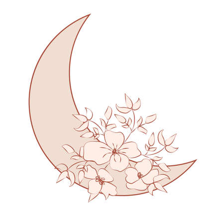 Beautiful romantic crescent moon with rose or peony flowers and leaves. Decorative boho elements. Greeting cards, invitations.のイラスト素材