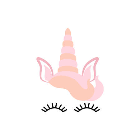 Fabulous cute unicorn with golden gilded horn and closed eyes. Unicorn's Horn with Flowers and Eyelashesのイラスト素材