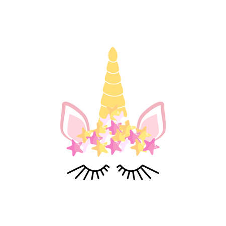 Fabulous cute unicorn with golden gilded horn and closed eyes. Unicorn's Horn with Flowers and Eyelashesのイラスト素材