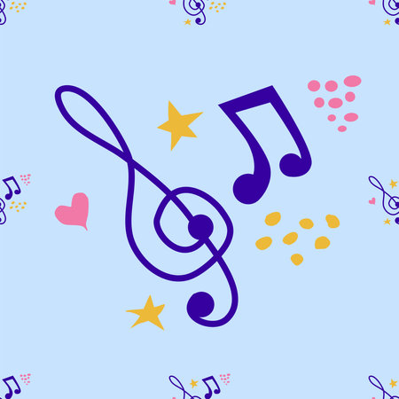 Cartoon hand drawn musical seamless pattern. Lots of symbols, objects and elements. Perfect funny background.のイラスト素材