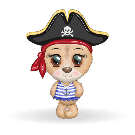 Teddy bear pirate, cartoon character of the game, wild animal in a bandana and a cocked hat with a skull, with an eye patch. Character with bright eyes Isolated on whiteのイラスト素材