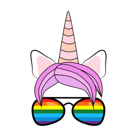 Illustration of a cute unicorn face in sunglasses. Rainbow, heartsのイラスト素材