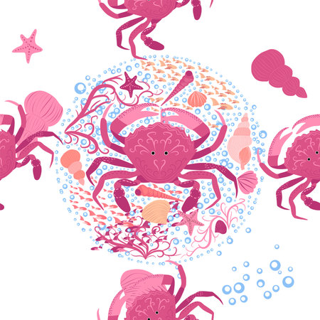 Crab marine life, fish, animals bright seamless pattern. sea travel, snorkeling with animals, tropical fishのイラスト素材