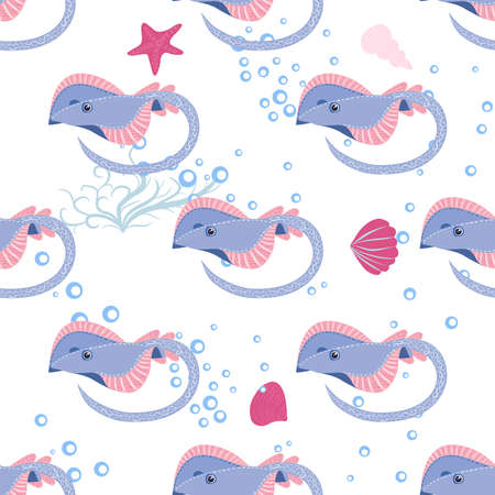 Batomorphi sea life, fish, animals bright seamless pattern. sea travel, snorkeling with animals, tropical fishのイラスト素材