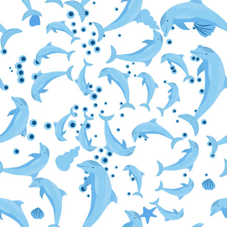 Dolphin, sea inhabitants seamless pattern, beautiful character among seashells, algae, starfish, marine wildlife.のイラスト素材