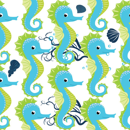 Seahorse, sea inhabitants seamless pattern, beautiful character among seashells, seaweed, starfish, marine wildlife.のイラスト素材