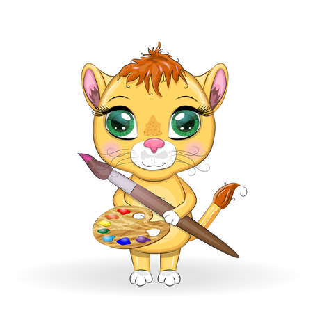 Cartoon lion with a palette of paints and a brush. Character artist, painter.のイラスト素材