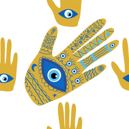 Hamsa eye, magical eye seamless pattern. Magic, witchcraft, occult symbol. Blue white golden eyes. Fabric textile wallpaperのイラスト素材