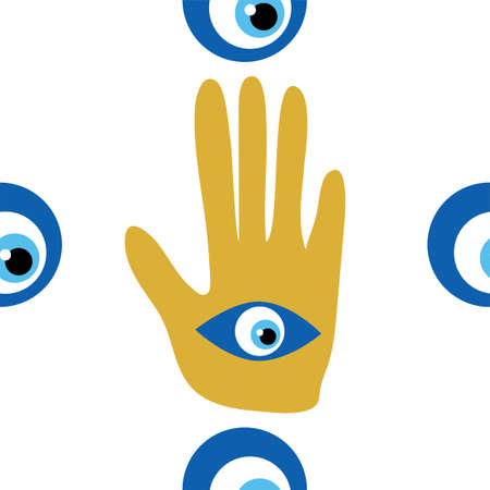 Hamsa eye, magical eye seamless pattern. Magic, witchcraft, occult symbol. Blue white golden eyes. Fabric textile wallpaperのイラスト素材
