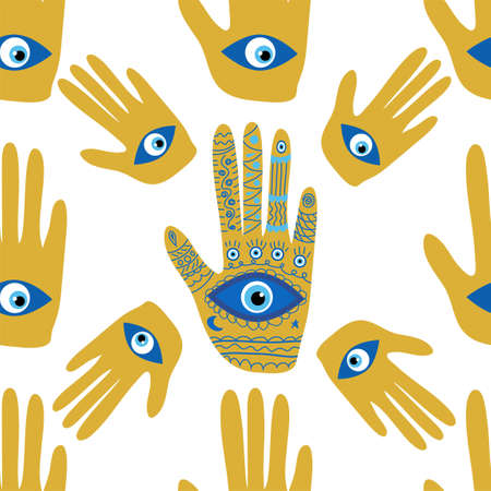 Hamsa eye, magical eye seamless pattern. Magic, witchcraft, occult symbol. Blue white golden eyes. Fabric textile wallpaperのイラスト素材