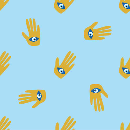 Hamsa eye, magical eye seamless pattern. Magic, witchcraft, occult symbol. Blue white golden eyes. Fabric textile wallpaperのイラスト素材