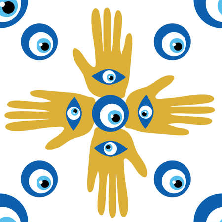 Hamsa eye, magical eye seamless pattern. Magic, witchcraft, occult symbol. Blue white golden eyes. Fabric textile wallpaperのイラスト素材