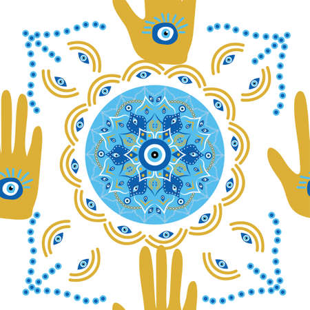 Mandala greek evil eye doodle seamless pattern. Magic, witchcraft, occult symbol, clip art line art collection. Hamsa eye, magical eye, decor element.のイラスト素材