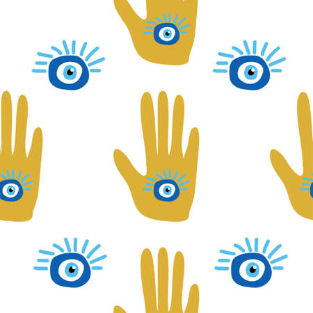 Hamsa eye, magical eye seamless pattern. Magic, witchcraft, occult symbol. Blue white golden eyes. Fabric textile wallpaperのイラスト素材