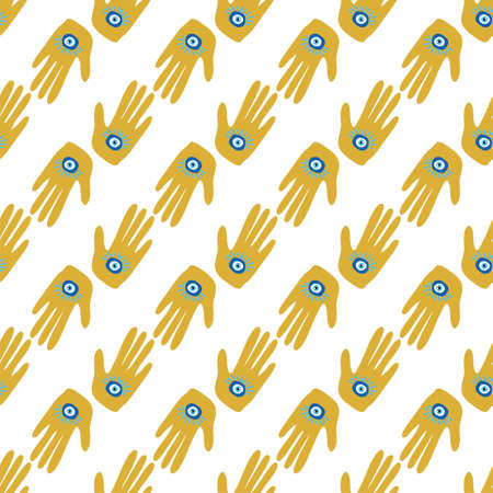 Hamsa eye, magical eye seamless pattern. Magic, witchcraft, occult symbol. Blue white golden eyes. Fabric textile wallpaperのイラスト素材