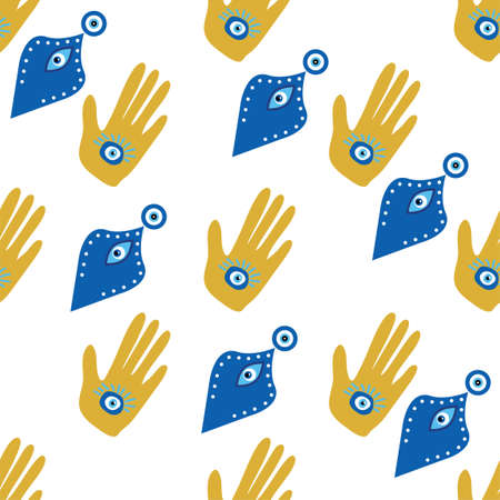 Hamsa eye, magical eye seamless pattern. Magic, witchcraft, occult symbol. Blue white golden eyes. Fabric textile wallpaperのイラスト素材