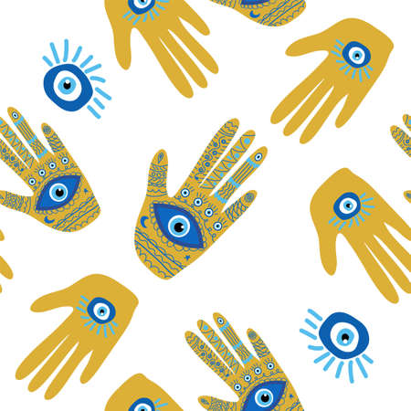 Hamsa eye, magical eye seamless pattern. Magic, witchcraft, occult symbol. Blue white golden eyes. Fabric textile wallpaperのイラスト素材