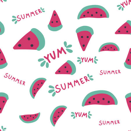 Watermelon slices seamless pattern, summer pattern with yum-yum lettering.