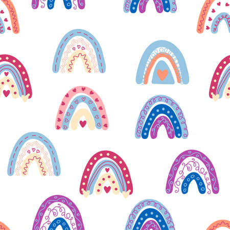 Rainbow seamless pattern in pastel colors. Scandinavian baby hand drawn illustration perfect for textiles and newborn clothes.のイラスト素材