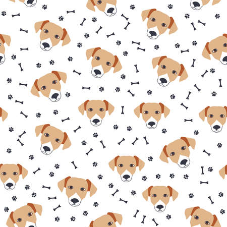 Golden retriever dogs muzzle seamless pattern. Paw prints and bonesのイラスト素材
