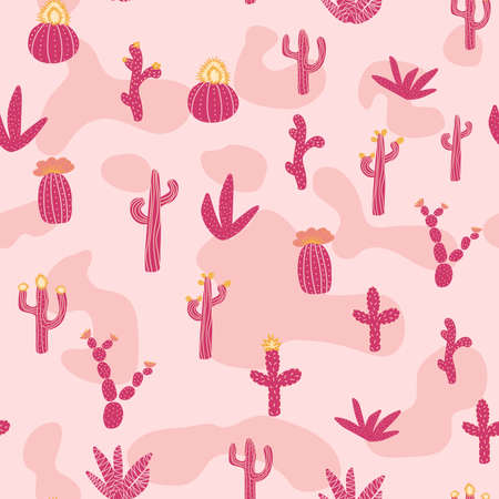 Seamless patterns with different cacti. Bright repeating texture with pink cacti. Background with desert plantsのイラスト素材