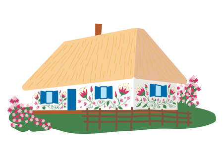 Ukrainian traditional house with white walls, thatched roof, flower garden and wicker fence. Colorful clipart of Ukrainian folk rural architecture, historical lifeのイラスト素材