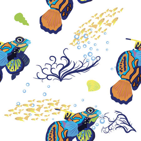 Mandarin fish seamless patterns. beautiful character among seashells, seaweed, starfish, sea animal wildlife character. Nature underwater, marine wild ocean zoo fishのイラスト素材