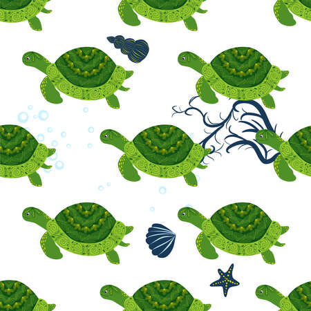 Turtle green seamless pattern, beautiful character among seashells, seaweed, starfish, sea animals wildlife nature. Nature underwater, marine wild fish in the ocean zooのイラスト素材