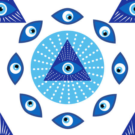 Mandala greek evil eye doodle seamless pattern. Magic, witchcraft, occult symbol, clip art line art collection. Hamsa eye, magical eye, decor element.のイラスト素材