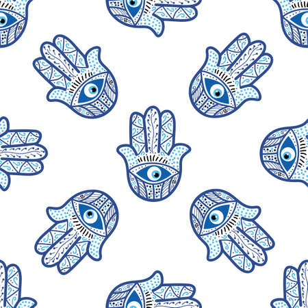 Hamsa eye, magical eye seamless pattern. Magic, witchcraft, occult symbol. Blue white golden eyes. Fabric textile wallpaperのイラスト素材