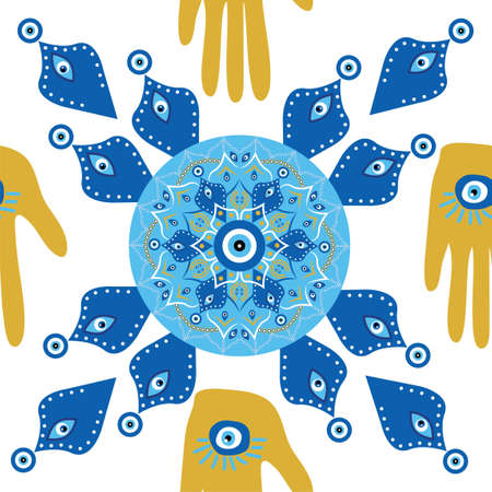 Mandala greek evil eye doodle seamless pattern. Magic, witchcraft, occult symbol, clip art line art collection. Hamsa eye, magical eye, decor element.のイラスト素材